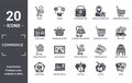 commerce icon set. include creative elements as checke, supermarket shopping cart, shopping cart with grills, take out from the