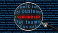 Commerce lettering in a magnifying glass in front of a black screen filled with keywords from the business world