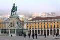 A rainy, foggy, cold day at the Commerce Square in Lisbon, Portugal