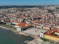 Commerce Square in Lisbon, Portugal. Palace Yard, Royal Palace of Ribeira. Drone Point of View