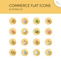 Commerce. Store, tag, wallet, pay, label, money, location and call center group. Isolated icon set in a circle. Flat vector