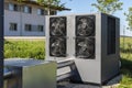 Commercial air source heat pump system installed outdoors. These systems are common in energy-efficient HVAC solutions and are Royalty Free Stock Photo