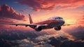 Commercial Aircraft Soaring Over Misty Skies Sunset Oil Painting The Horizon on Blurry Background