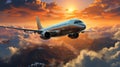 Commercial Aircraft Soaring Over Misty Skies Sunset Oil Painting The Horizon on Blurry Background