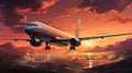 Commercial Aircraft Soaring Over Misty Skies Sunset Oil Painting The Horizon on Blurry Background