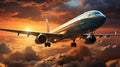 Commercial Aircraft Soaring Over Misty Skies Sunset Oil Painting The Horizon on Blurry Background