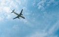 Commercial airline. Passenger plane takes off at airport with beautiful blue sky and white clouds. Leaving flight. Start