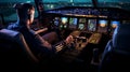 Commercial airline pilot in uniform operating aircraft controls in cockpit at night