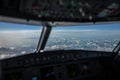 Commercial airliner airplane cockpit during flight Royalty Free Stock Photo