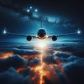 Commercial airliner flies over clouds in a night sky