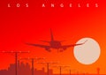A Commercial Airliner Landing At Los Angeles Airport During The Sunset. Original Vector Illustration, Not Derivative