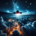 Commercial airliner flies over clouds in a night sky