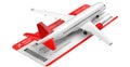 Commercial airplane, airliner with air flight tickets . Passenger plane with a red tail wing, take Off. 3D rendering
