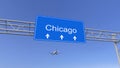 Commercial airplane arriving to Chicago airport. Travelling to United States conceptual 3D rendering Royalty Free Stock Photo