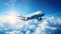Commercial airplane ascending into clear sunlit sky from airport tarmac on bright, sunny day Royalty Free Stock Photo