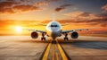 Commercial airplane ascending into clear, sunlit sky from airport tarmac on bright, sunny day Royalty Free Stock Photo