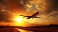 Commercial airplane ascending into clear, sunlit sky from airport tarmac on bright, sunny day Royalty Free Stock Photo
