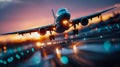 Commercial airplane descending on runway at sunset with glowing lights and motion blur effect Royalty Free Stock Photo