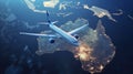 Commercial airplane flies over an illuminated global map at night