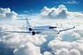 Commercial airplane flying above clouds in the blue sky. 3d rendering, Private jet flying over the earth. Empty blue sky with