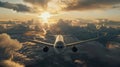Commercial airplane flying above the clouds at sunset, Generative AI illustrations Royalty Free Stock Photo