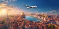 Commercial airplane flying above scenic landscape in beautiful sunset light. Traveling concept design banner. AI generated