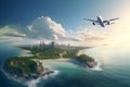 Commercial airplane flying above scenic landscape in beautiful sunset light. Traveling concept design banner. AI generated