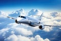 Commercial airplane flying in the blue sky with clouds. 3d rendering, Private jet flying over the earth. Empty blue sky with white