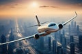 Commercial airplane flying over modern city at sunset. 3D Rendering, Private jet plane flying above Dubai city, AI Generated