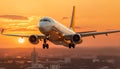 Commercial airplane flying at sunset, transporting passengers on a business journey generated by AI Royalty Free Stock Photo