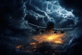 Commercial airplane flying through thunderstorm, heavy rain, lightning strike, storm, generative ai