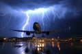 Commercial airplane flying through thunderstorm, heavy rain, lightning strike, storm, generative ai
