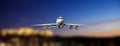 Airplane on airport runway, blur airfield background, front view. 3d illustration Royalty Free Stock Photo