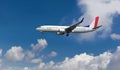 Commercial airplane with French flag on the tail and fuselage landing or taking off with blue cloudy sky in the background Royalty Free Stock Photo