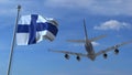 Commercial airplane landing behind waving Finnish flag. Travel to Finland conceptual 3D rendering