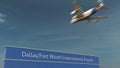 Commercial airplane landing at Dallas Fort Worth International Airport 3D rendering