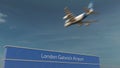 Commercial airplane landing at London Gatwick Airport 3D rendering