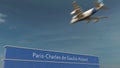 Commercial airplane landing at Paris Charles de Gaulle Airport 3D rendering