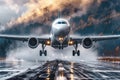 Commercial airplane landing on runway at dusk Royalty Free Stock Photo