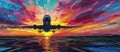 Commercial airplane landing at sunset, front view Royalty Free Stock Photo