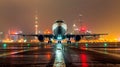 Commercial airplane landing at sunset hours in Asia, telephoto lens. Royalty Free Stock Photo