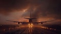 Commercial airplane landing at sunset hours in Asia, telephoto lens. Royalty Free Stock Photo