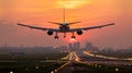 Commercial airplane landing at sunset hours in Asia, telephoto lens.