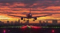 Commercial airplane landing at sunset hours in Asia, telephoto lens. Royalty Free Stock Photo