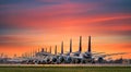 Commercial airplane parking at the airport are stopped effect by covid-19 pandemic around the world economic down crisis, Royalty Free Stock Photo