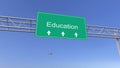 Commercial airplane passing education road sign. Conceptual 3D rendering Royalty Free Stock Photo
