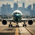 Commercial airplane on runway with city in the background Royalty Free Stock Photo