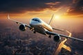 Commercial airplane soars over a modern city at sunset 3D rendering