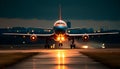 Commercial airplane taking off at dusk, illuminating the night sky generated by AI Royalty Free Stock Photo