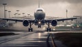 Commercial airplane taking off at dusk, leaving wet airport runway generated by AI Royalty Free Stock Photo